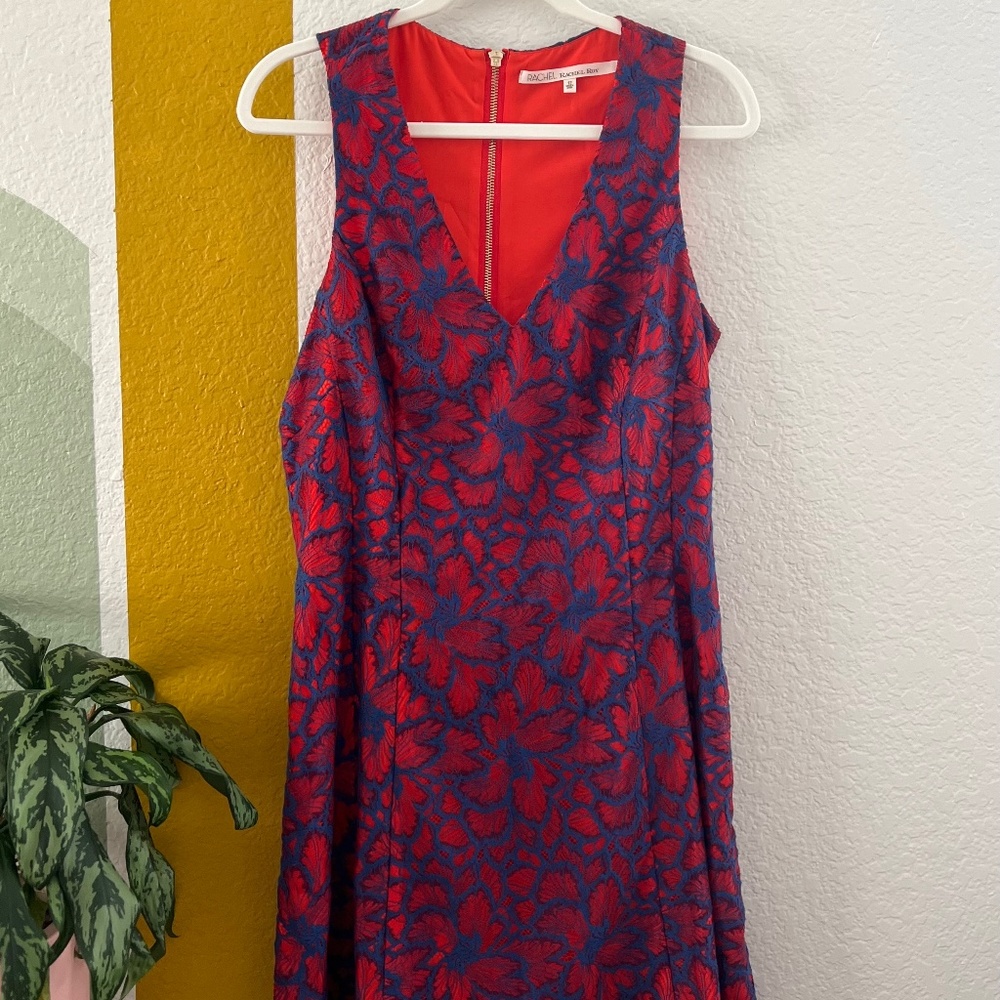 Rachel Roy Red Dress with Blue Lace Overlay Size 12
